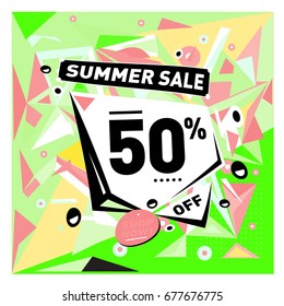 Summer sale geometric style web banner. Fashion and travel discount. Vector holiday Abstract colorful illustration with special offers and promotions.