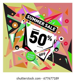 Summer sale geometric style web banner. Fashion and travel discount. Vector holiday Abstract colorful illustration with special offers and promotions.