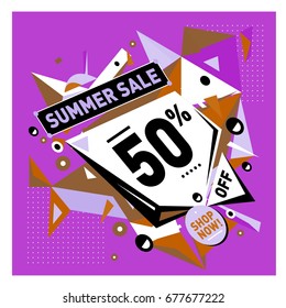 Summer sale geometric style web banner. Fashion and travel discount. Vector holiday Abstract colorful illustration with special offers and promotions.