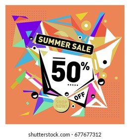 Summer sale geometric style web banner. Fashion and travel discount. Vector holiday Abstract colorful illustration with special offers and promotions.