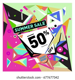Summer sale geometric style web banner. Fashion and travel discount. Vector holiday Abstract colorful illustration with special offers and promotions.