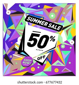 Summer sale geometric style web banner. Fashion and travel discount. Vector holiday Abstract colorful illustration with special offers and promotions.
