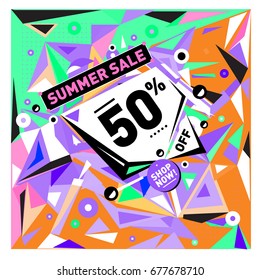 Summer sale geometric style web banner. Fashion and travel discount. Vector holiday Abstract colorful illustration with special offers and promotions.