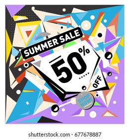 Summer sale geometric style web banner. Fashion and travel discount. Vector holiday Abstract colorful illustration with special offers and promotions.
