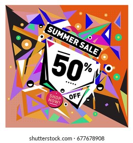 Summer sale geometric style web banner. Fashion and travel discount. Vector holiday Abstract colorful illustration with special offers and promotions.
