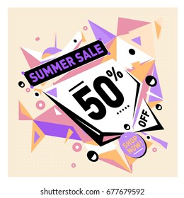 Summer sale geometric style web banner. Fashion and travel discount. Vector holiday Abstract colorful illustration with special offers and promotions.