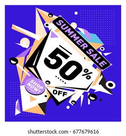 Summer sale geometric style web banner. Fashion and travel discount. Vector holiday Abstract colorful illustration with special offers and promotions.