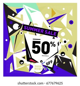 Summer sale geometric style web banner. Fashion and travel discount. Vector holiday Abstract colorful illustration with special offers and promotions.