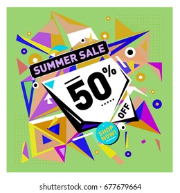 Summer sale geometric style web banner. Fashion and travel discount. Vector holiday Abstract colorful illustration with special offers and promotions.