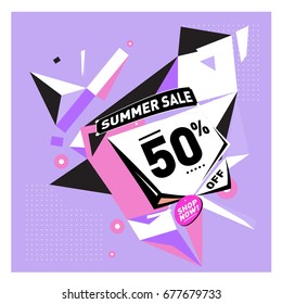 Summer sale geometric style web banner. Fashion and travel discount. Vector holiday Abstract colorful illustration with special offers and promotions.