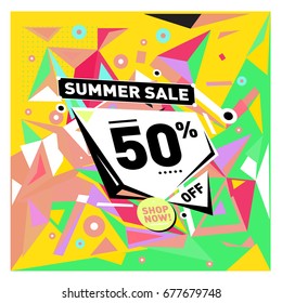 Summer sale geometric style web banner. Fashion and travel discount. Vector holiday Abstract colorful illustration with special offers and promotions.