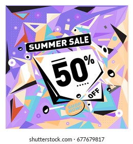 Summer sale geometric style web banner. Fashion and travel discount. Vector holiday Abstract colorful illustration with special offers and promotions.