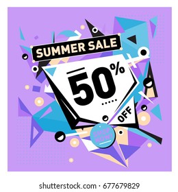Summer sale geometric style web banner. Fashion and travel discount. Vector holiday Abstract colorful illustration with special offers and promotions.