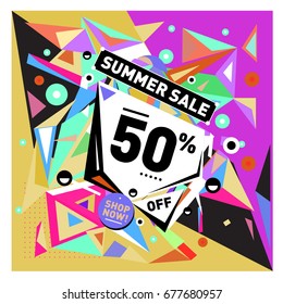 Summer sale geometric style web banner. Fashion and travel discount. Vector holiday Abstract colorful illustration with special offers and promotions.