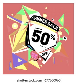 Summer sale geometric style web banner. Fashion and travel discount. Vector holiday Abstract colorful illustration with special offers and promotions.