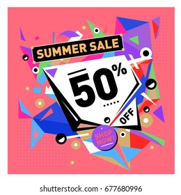 Summer sale geometric style web banner. Fashion and travel discount. Vector holiday Abstract colorful illustration with special offers and promotions.