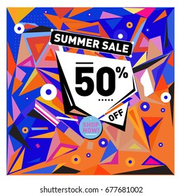 Summer sale geometric style web banner. Fashion and travel discount. Vector holiday Abstract colorful illustration with special offers and promotions.