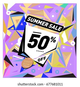 Summer sale geometric style web banner. Fashion and travel discount. Vector holiday Abstract colorful illustration with special offers and promotions.
