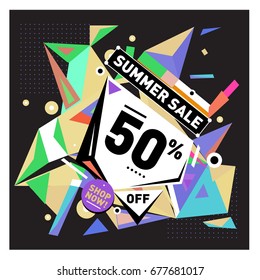 Summer sale geometric style web banner. Fashion and travel discount. Vector holiday Abstract colorful illustration with special offers and promotions.