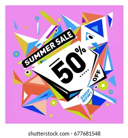 Summer sale geometric style web banner. Fashion and travel discount. Vector holiday Abstract colorful illustration with special offers and promotions.