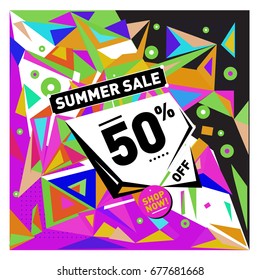 Summer sale geometric style web banner. Fashion and travel discount. Vector holiday Abstract colorful illustration with special offers and promotions.