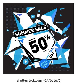Summer sale geometric style web banner. Fashion and travel discount. Vector holiday Abstract colorful illustration with special offers and promotions.