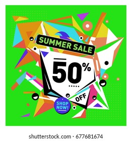 Summer sale geometric style web banner. Fashion and travel discount. Vector holiday Abstract colorful illustration with special offers and promotions.