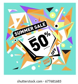 Summer sale geometric style web banner. Fashion and travel discount. Vector holiday Abstract colorful illustration with special offers and promotions.