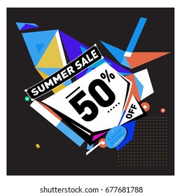 Summer sale geometric style web banner. Fashion and travel discount. Vector holiday Abstract colorful illustration with special offers and promotions.