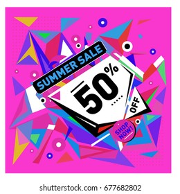 Summer sale geometric style web banner. Fashion and travel discount. Vector holiday Abstract colorful illustration with special offers and promotions.