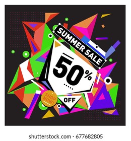 Summer sale geometric style web banner. Fashion and travel discount. Vector holiday Abstract colorful illustration with special offers and promotions.