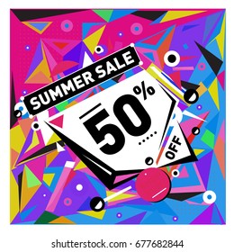 Summer sale geometric style web banner. Fashion and travel discount. Vector holiday Abstract colorful illustration with special offers and promotions.