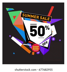 Summer sale geometric style web banner. Fashion and travel discount. Vector holiday Abstract colorful illustration with special offers and promotions.
