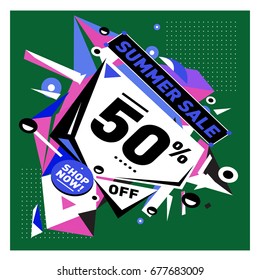 Summer sale geometric style web banner. Fashion and travel discount. Vector holiday Abstract colorful illustration with special offers and promotions.