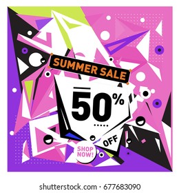 Summer sale geometric style web banner. Fashion and travel discount. Vector holiday Abstract colorful illustration with special offers and promotions.