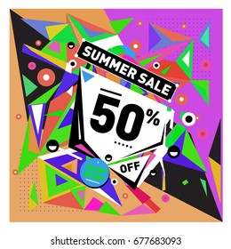 Summer sale geometric style web banner. Fashion and travel discount. Vector holiday Abstract colorful illustration with special offers and promotions.