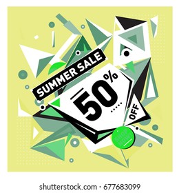 Summer sale geometric style web banner. Fashion and travel discount. Vector holiday Abstract colorful illustration with special offers and promotions.