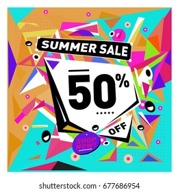 Summer sale geometric style web banner. Fashion and travel discount. Vector holiday Abstract colorful illustration with special offers and promotions.
