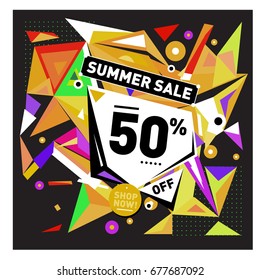 Summer sale geometric style web banner. Fashion and travel discount. Vector holiday Abstract colorful illustration with special offers and promotions.