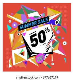 Summer sale geometric style web banner. Fashion and travel discount. Vector holiday Abstract colorful illustration with special offers and promotions.