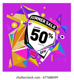 Summer sale geometric style web banner. Fashion and travel discount. Vector holiday Abstract colorful illustration with special offers and promotions.