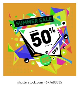 Summer sale geometric style web banner. Fashion and travel discount. Vector holiday Abstract colorful illustration with special offers and promotions.