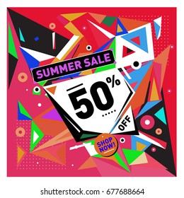 Summer sale geometric style web banner. Fashion and travel discount. Vector holiday Abstract colorful illustration with special offers and promotions.