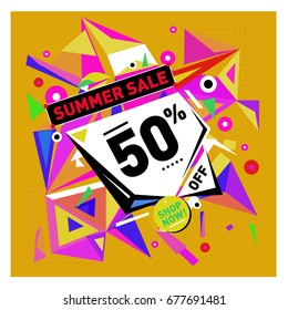 Summer sale geometric style web banner. Fashion and travel discount. Vector holiday Abstract colorful illustration with special offers and promotions.