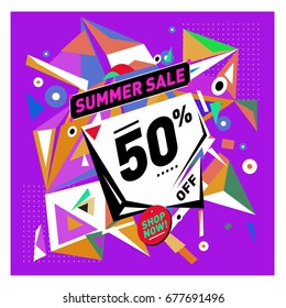 Summer sale geometric style web banner. Fashion and travel discount. Vector holiday Abstract colorful illustration with special offers and promotions.