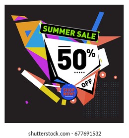 Summer sale geometric style web banner. Fashion and travel discount. Vector holiday Abstract colorful illustration with special offers and promotions.