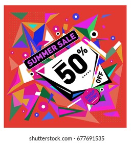 Summer sale geometric style web banner. Fashion and travel discount. Vector holiday Abstract colorful illustration with special offers and promotions.