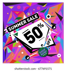 Summer sale geometric style web banner. Fashion and travel discount. Vector holiday Abstract colorful illustration with special offers and promotions.