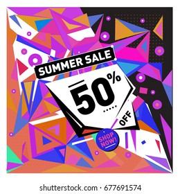 Summer sale geometric style web banner. Fashion and travel discount. Vector holiday Abstract colorful illustration with special offers and promotions.
