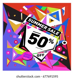 Summer sale geometric style web banner. Fashion and travel discount. Vector holiday Abstract colorful illustration with special offers and promotions.